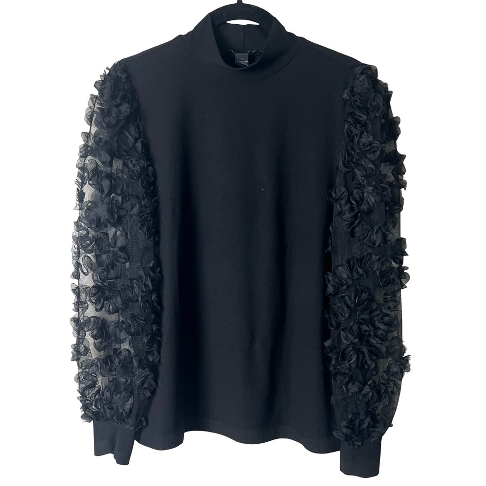 A Love Story Women’s Black 3D Ruffle Floral Mesh Sleeve Mock Neck Top - Sz S